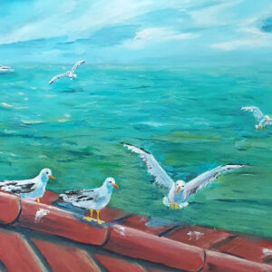 Seagulls over the ocean.