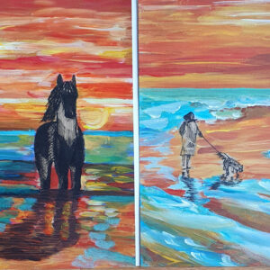 Walking in the Sunset. Dog. Horse.